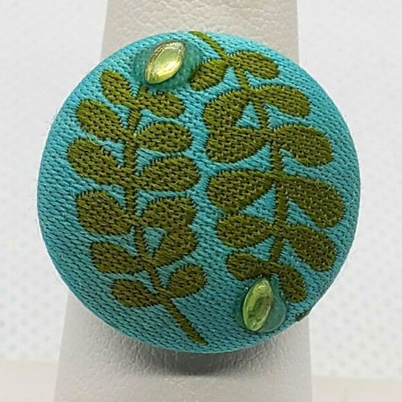 Vintage Blue & Green Floral Button Ring - Picture 1 of 7